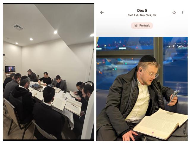 R’ Levine gives the daily shiur by Zoom before boarding a flight; the chaburah learns in the shteeble