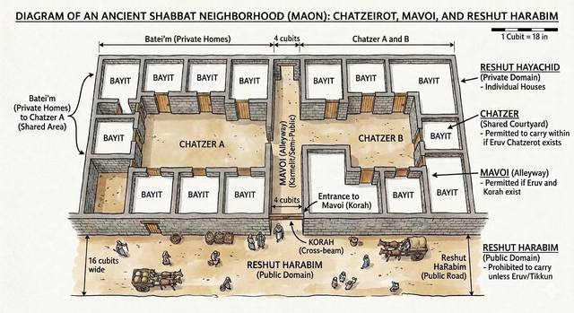 Diagram: an ancient Shabbos neighborhood – chatzeiros, mavoi and reshus harabim